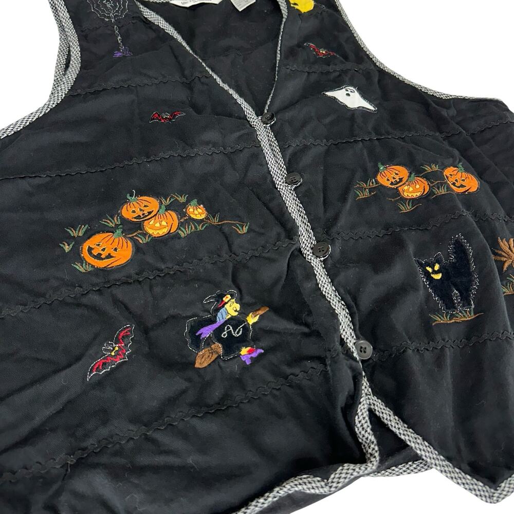 Vintage Womens Vest Size 1X Black Halloween Pumpkins Ghost Cat Witch Embroidered - Picture 4 of 12